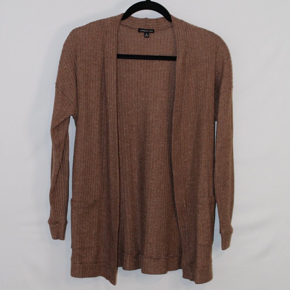 mm mm mm brown long-sleeved ribbed-knit open-front cardigan w/pockets‎ M